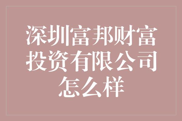 深圳富邦财富投资有限公司怎么样